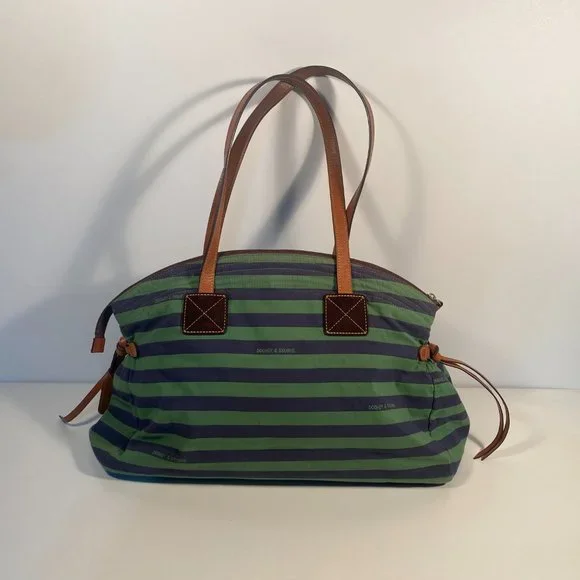 Dooney & Bourke Green Blue Striped Fabric Brown Leather Strap Large Tote Bag - Picture 4 of 10